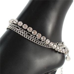 Silver Rhinestone Crystal Chain Link Butterfly Pendant 3 Layered Anklet Metal